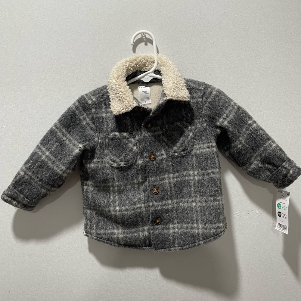 Baby Carter's plaid shacket sherpa-lined size 9M Gray NWT